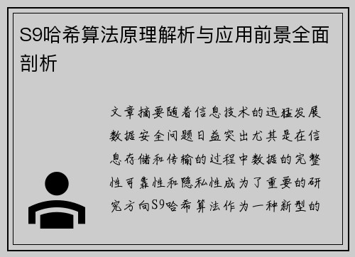 S9哈希算法原理解析与应用前景全面剖析 S9哈希算法原理解析与应用前景全面剖析