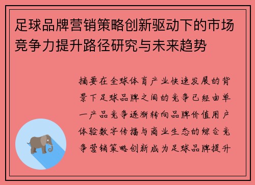 足球品牌营销策略创新驱动下的市场竞争力提升路径研究与未来趋势